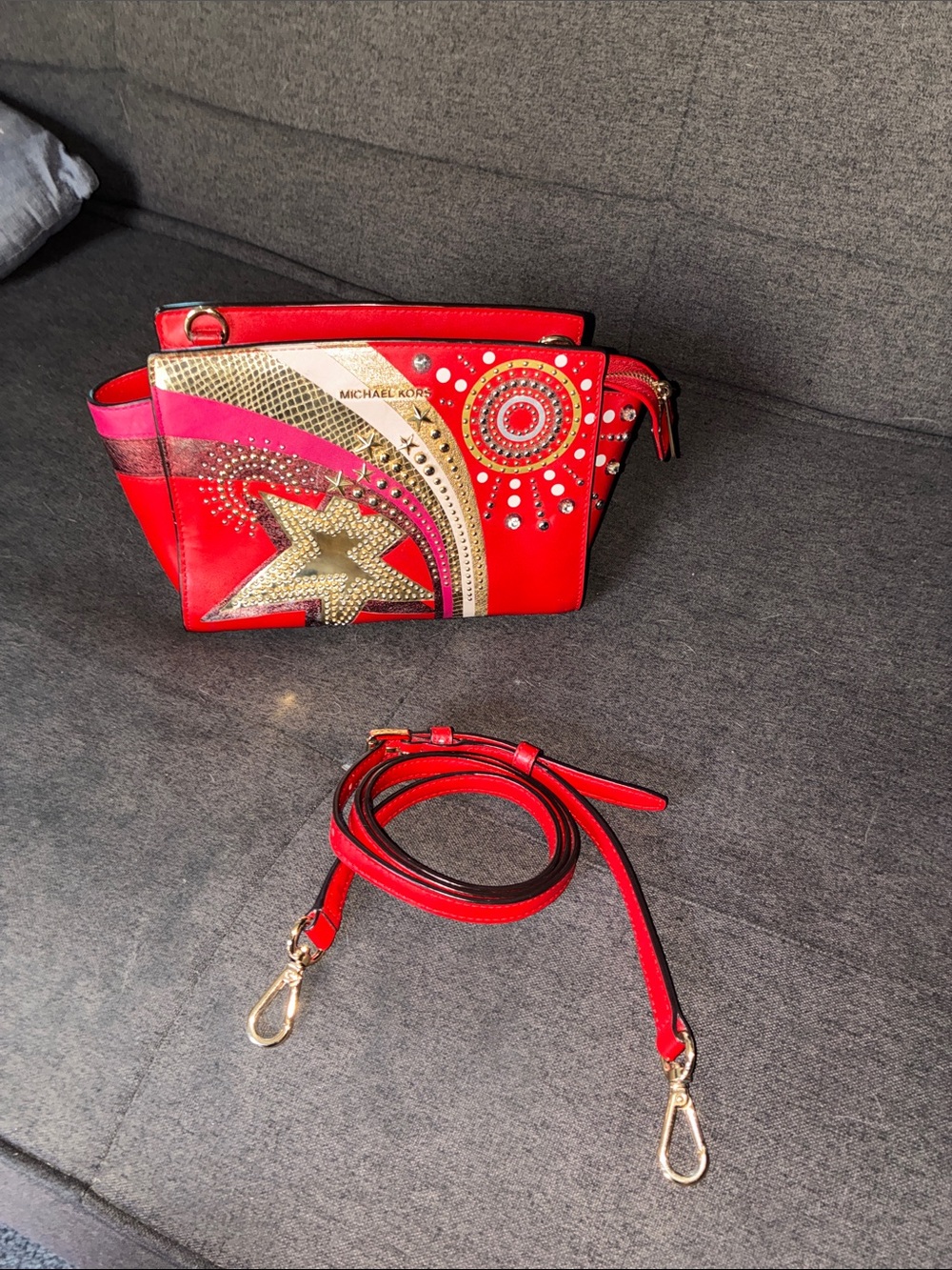 Michael Kors Red Selma embellished Crossbody with Gold & Pink Embellishments - Picture 14 of 15